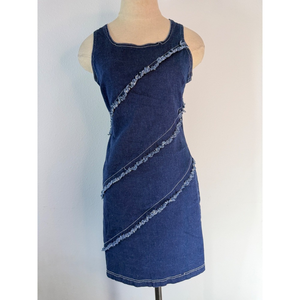 Vintage Y2K Zoey Beth Denim Mini Dress Distressed Trim Bodycon Boho Cottage Med